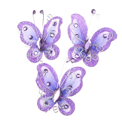 Organza and wire Butterfly with glitter for home decor, party accessories 50 mm purple 