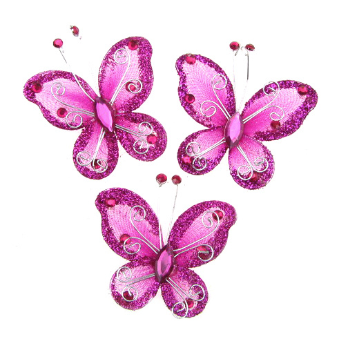 Organza and wire Butterfly with glitter for party accessories 50 mm deep pink