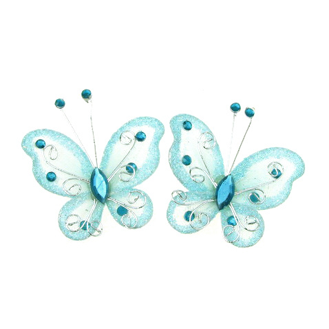 Organza and wire Butterfly with glitter for home decor, party accessories 50 mm light blue 