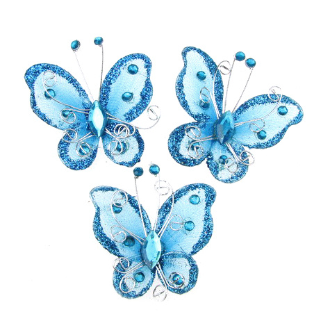 Organza and wire butterfly or embellishment of festive cards, frames, albums, blue with glitter, 50 mm