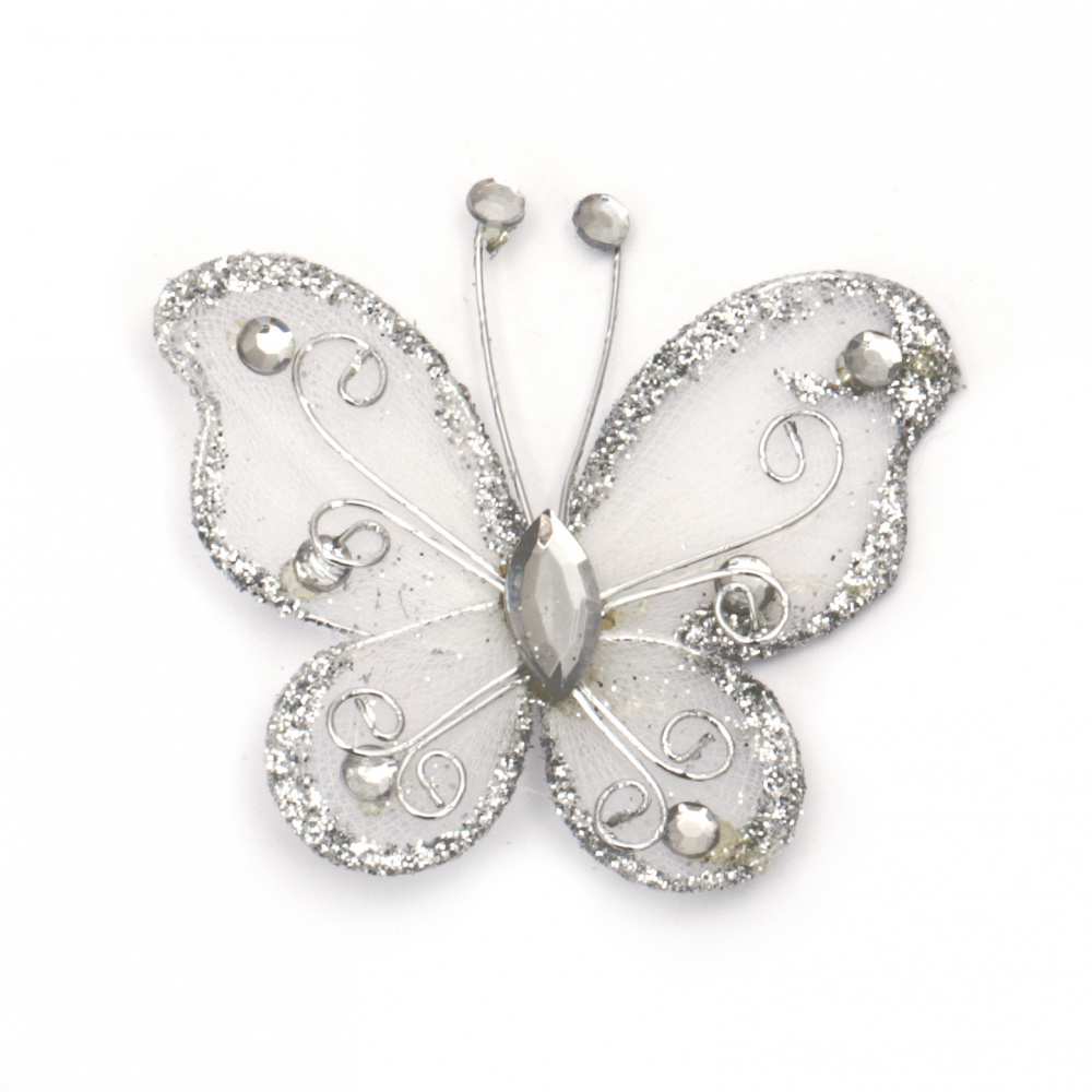 Fluture de 50 mm alb cu brocart argintiu