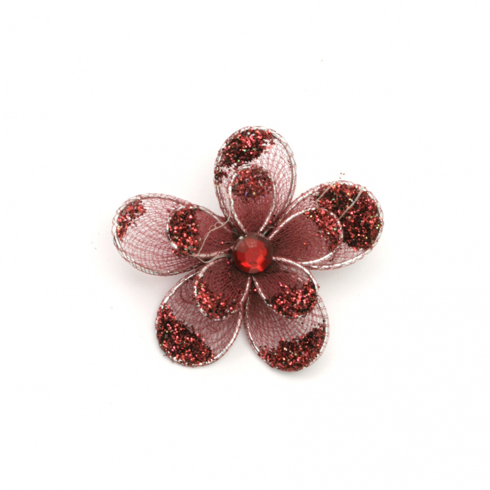 Organza Wire Flower, Red Glitter ,35mm 
