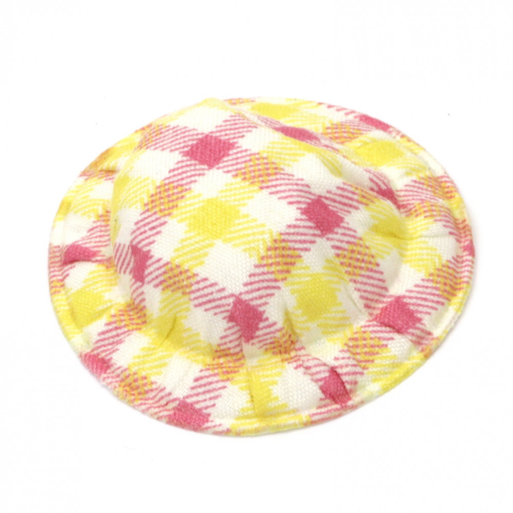 Decorative Textile Hat / 49x10 mm / Check Fabric: White, Yellow and Pink - 4 pieces