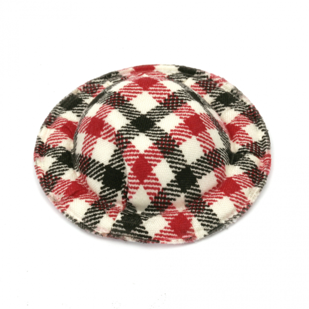 Decorative Textile Hat / 49x10 mm / Check Fabric: White, Red and Black - 4 pieces