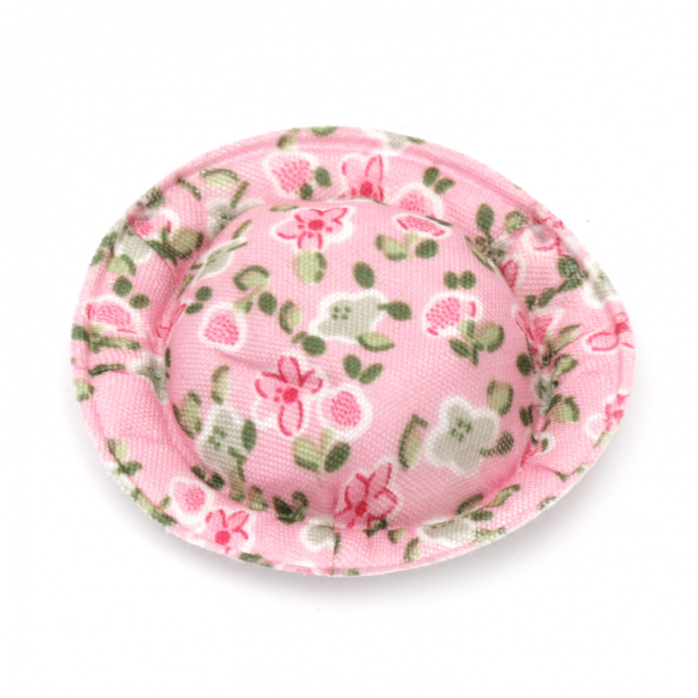 Decorative Textile Hat / 49x10 mm / Pink with Flowers - 4 pieces