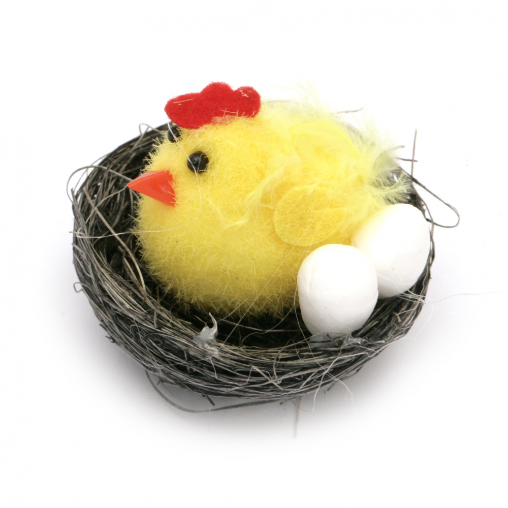 Pui cu pui și ouă într-un cuib pentru decorare 35x50 mm -6 bucăți