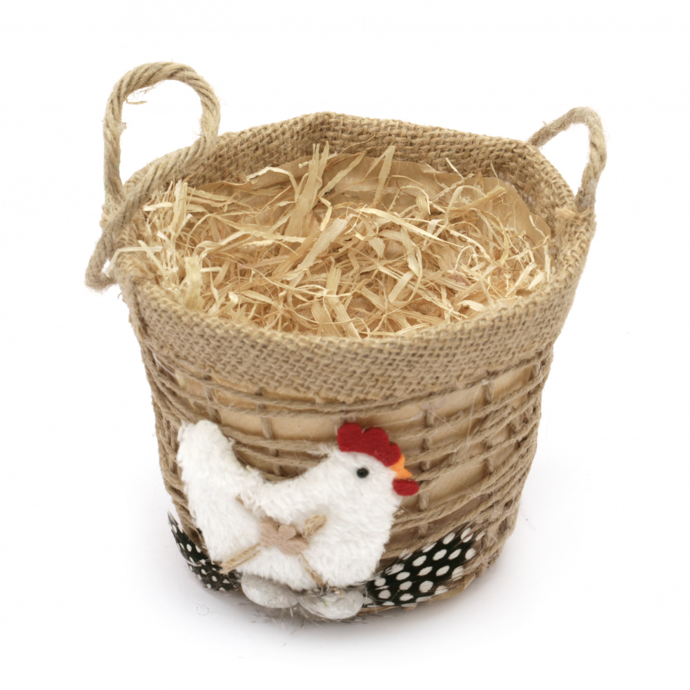Hemp Fabric Basket with Hen for Easter Decoration / 120x100 mm