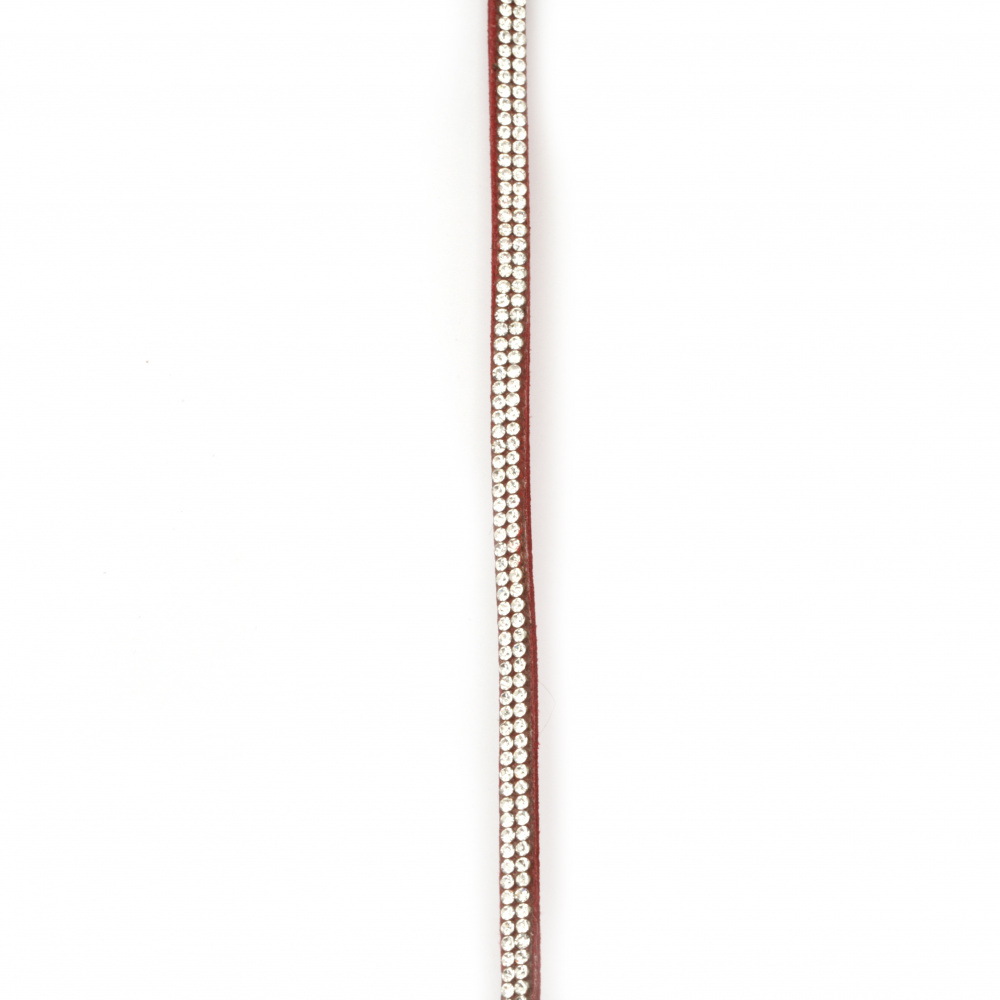 Συνθετικό σουέτ κορδόνι 5x3 mm με δύο σειρές στρας κόκκινο -1 μέτρο