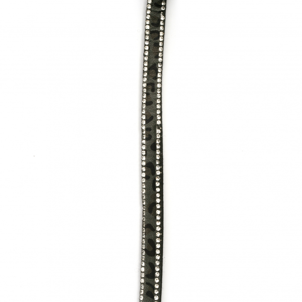 Лента от велур черна с леопардов десен 8.5x3 мм с два реда кристали -1 метър