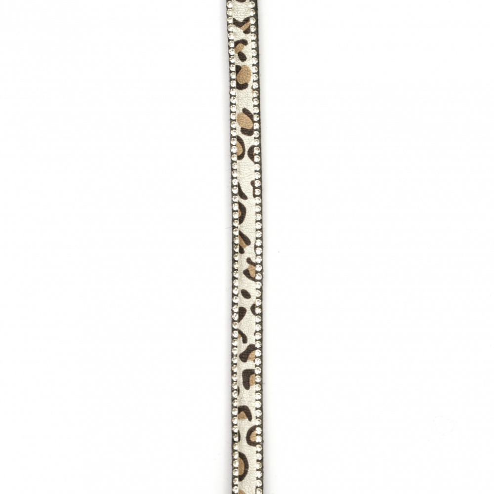 Лента от велур сива с леопардов десен 8.5x3 мм с два реда кристали -1 метър