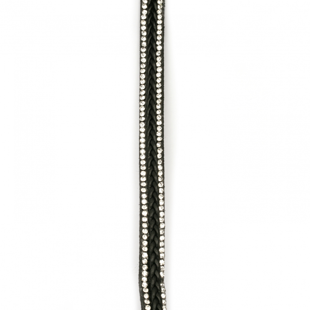 Banda de piele de căprioară 10x4 mm cu două rânduri de cristale și piele fauxă superficială negru -1 metru
