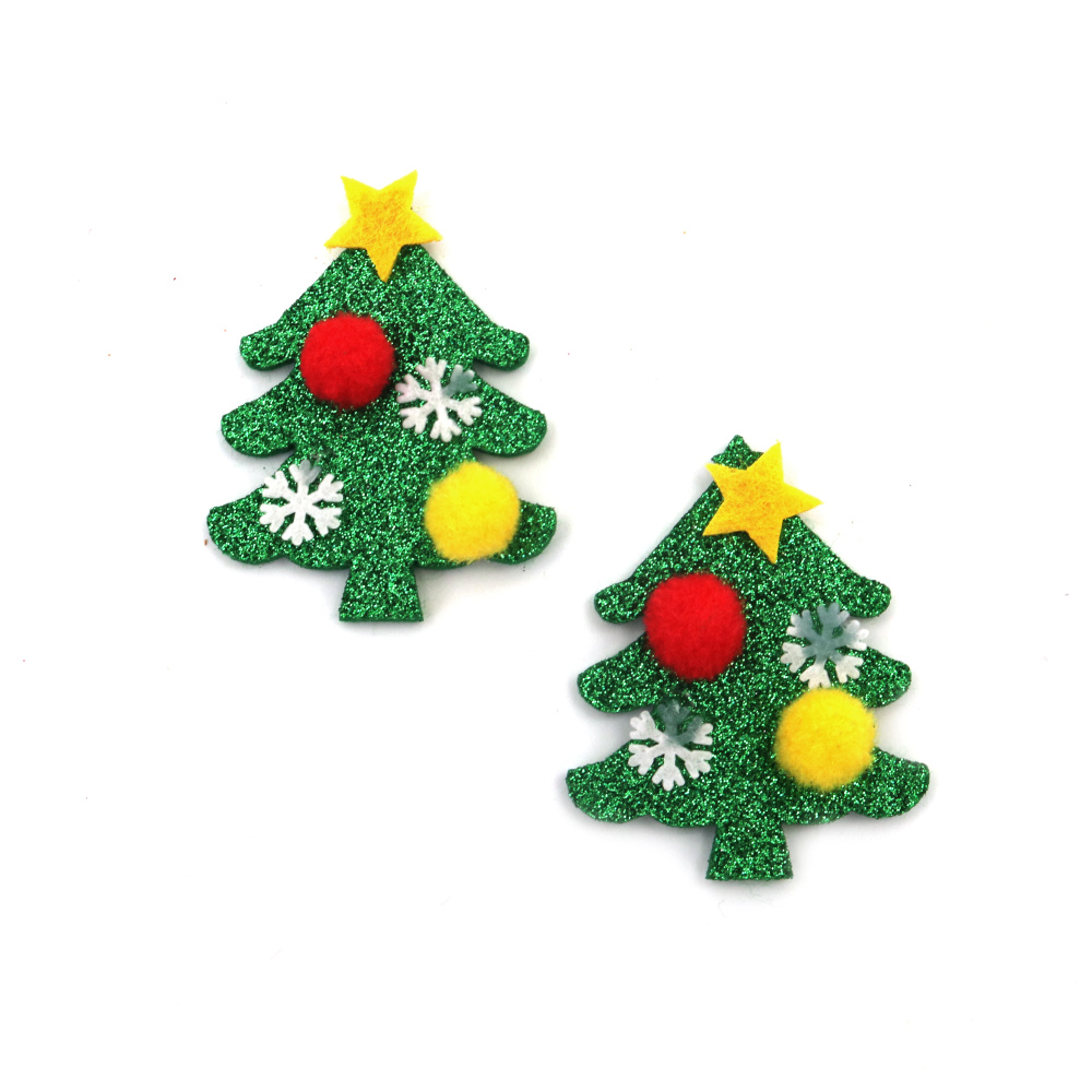 Felt Christmas Tree with Glitter and Pompoms / 50x40 mm - 4 pieces