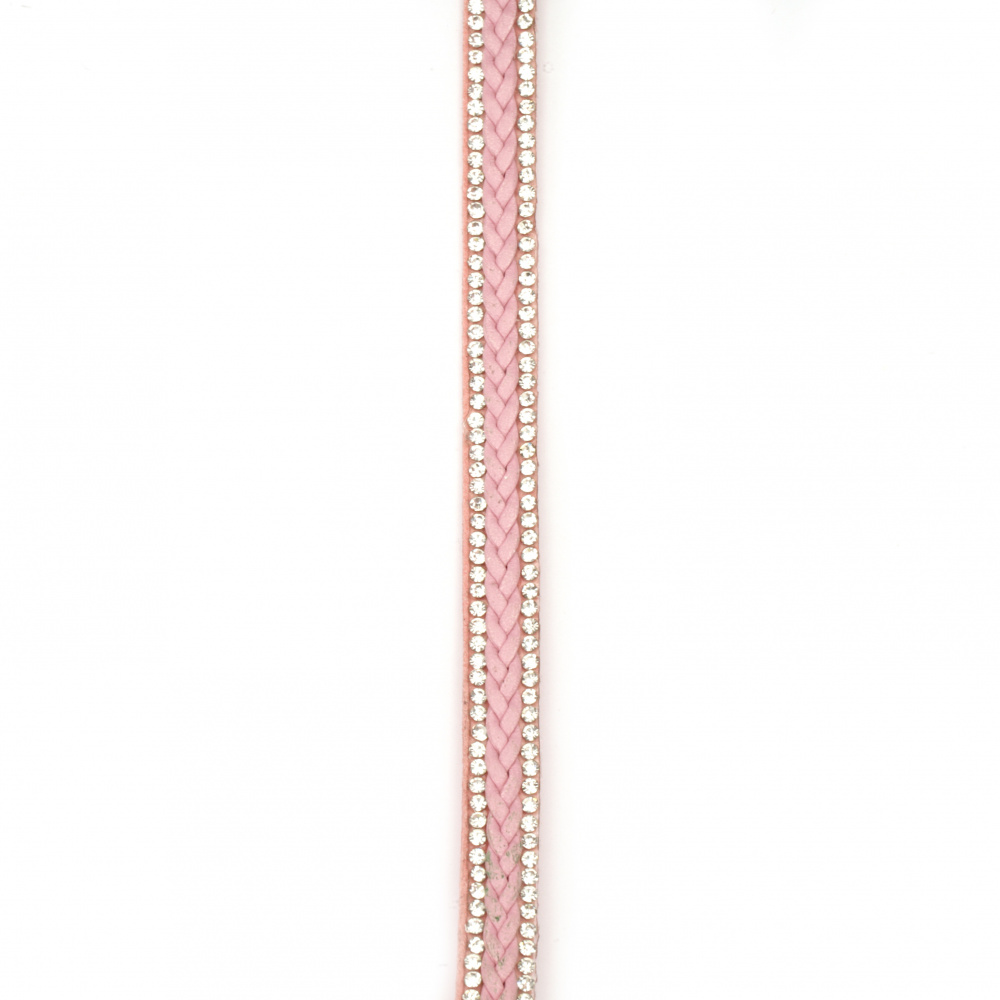 Suede ribbon 10x4 mm with two rows of crystals and shallow faux leather pink -1 meter