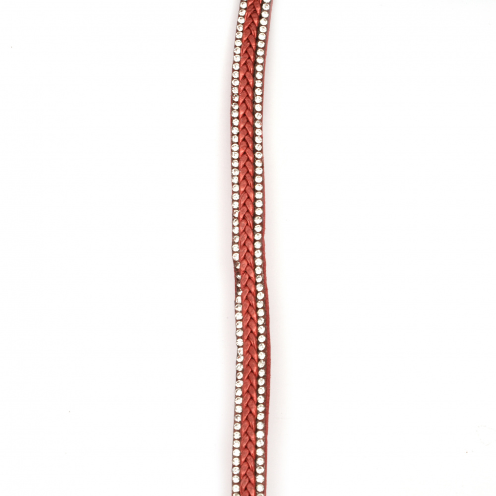 Bandă din piele de căprioară de 10x4 mm cu două rânduri de cristale și piele artificială de mică adâncime roșu -1 metru