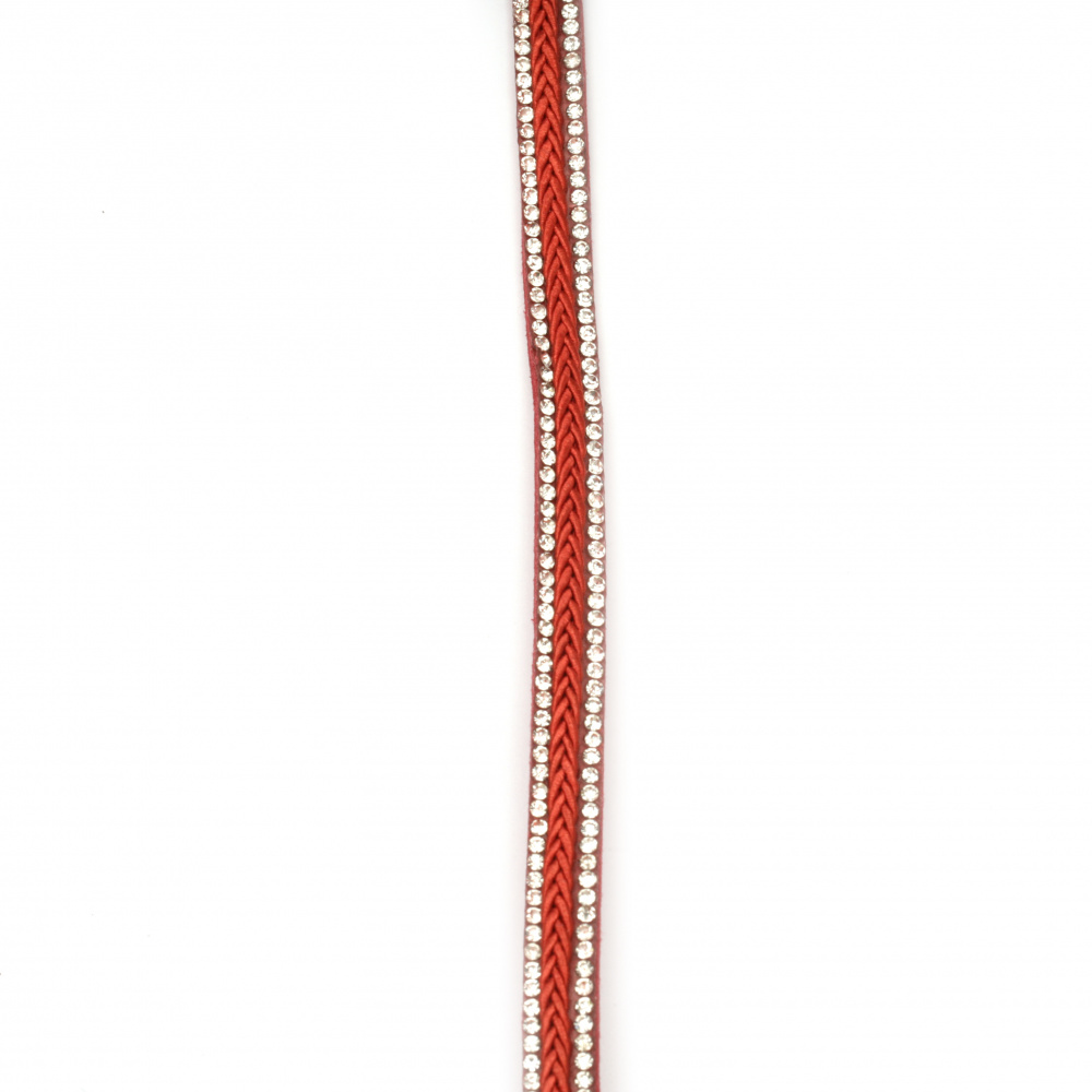 Panglică de piele de căprioară 10x4 mm cu două rânduri de cristale și roșu de mătase împletit -1 metru
