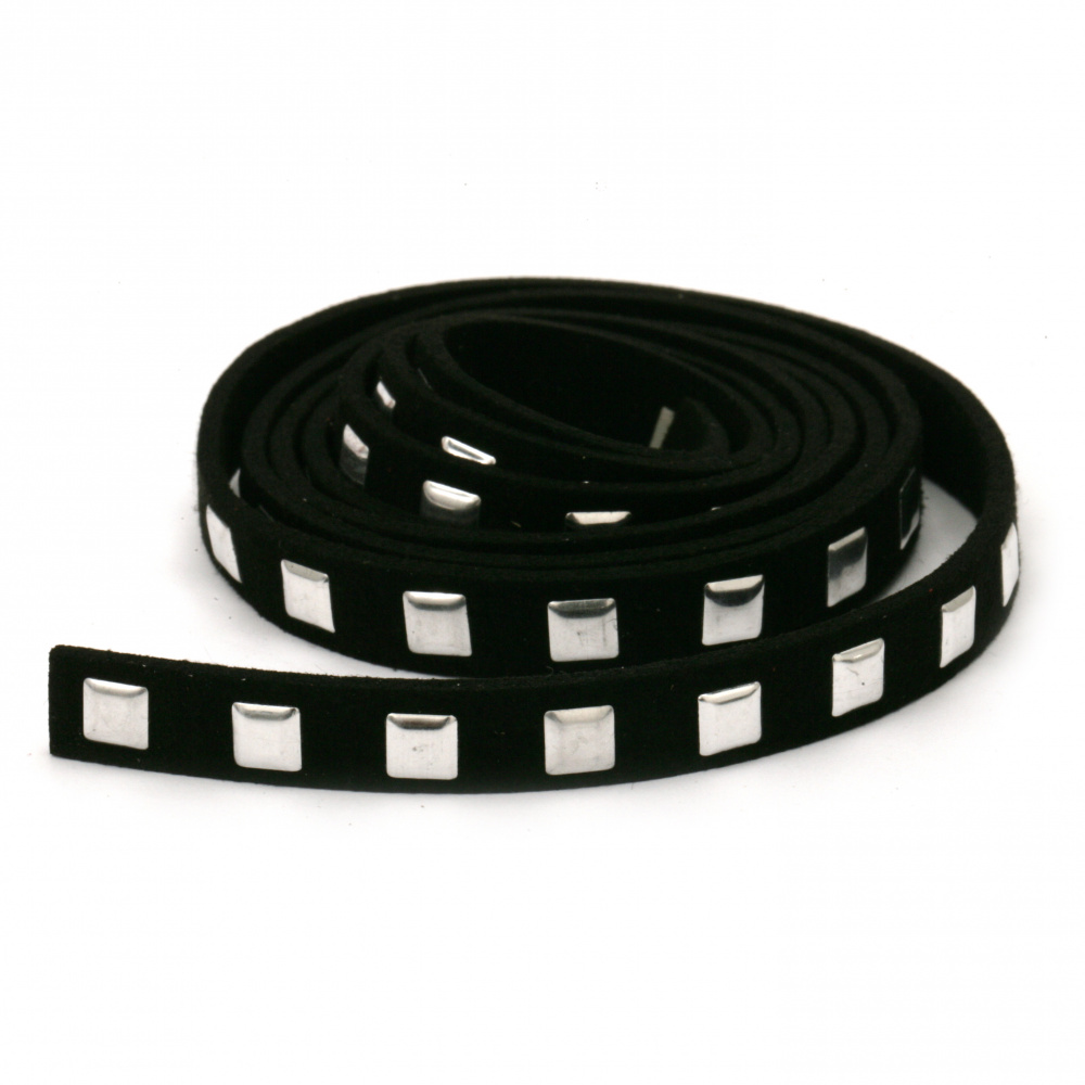 Suede tape 8x2 mm with aluminum cabochons black -1 meter