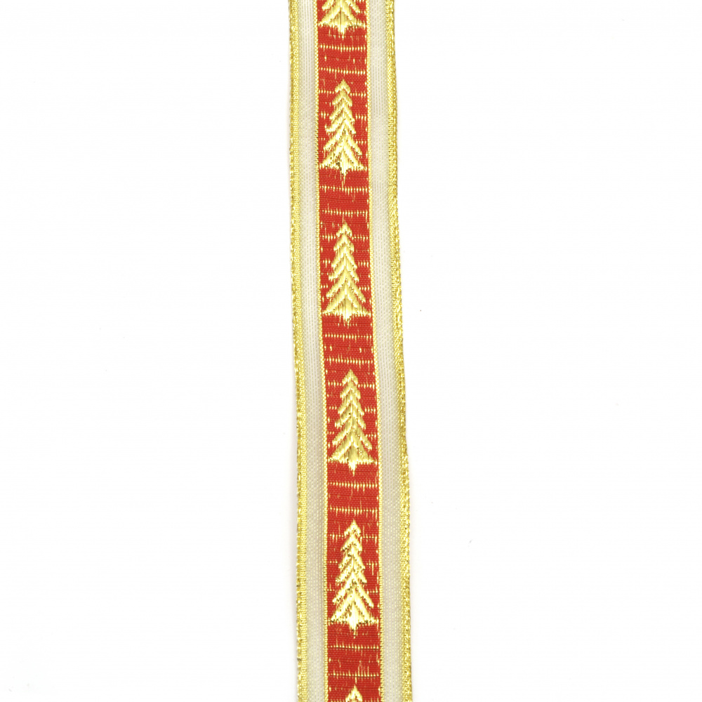 Shrit  organza și satin roșu de 25 mm cu brad aur șchiopătat -2 metri