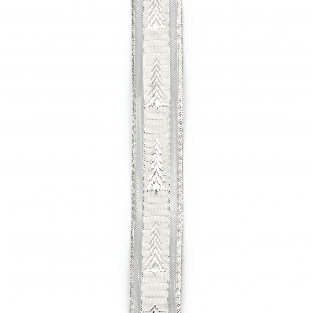 Shrit  organza și satin alb de 25 mm cu brad argintiu șchiopătat -2 metri