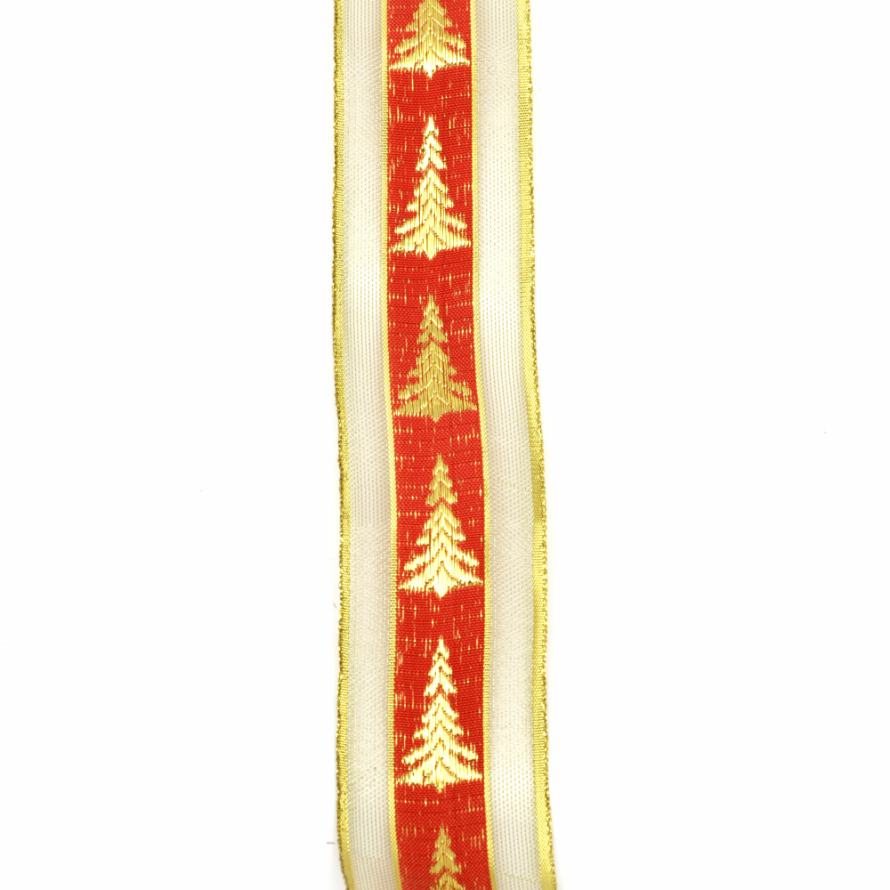 Κορδέλα σατέν κόκκινο και οργάντζα 40 mm με χριστουγεννιάτικο δέντρο χρυσό -2 μέτρα