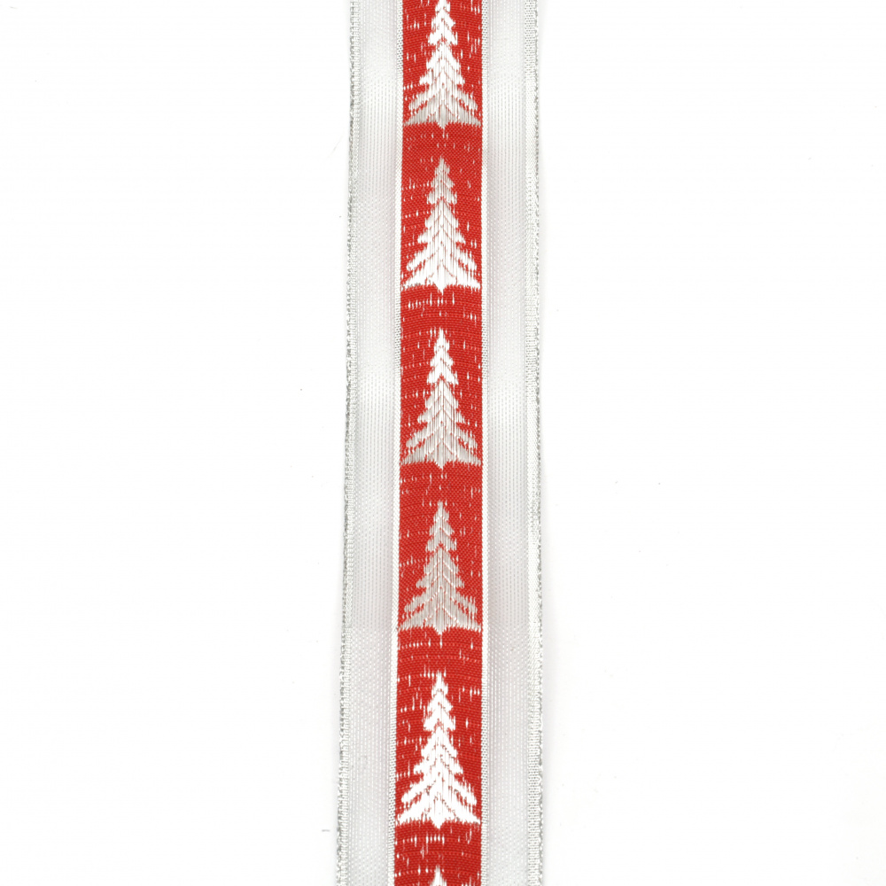 Shrit organza satin   roșu de 40 mm cu desen  bradul de Crăciun  -2 metri