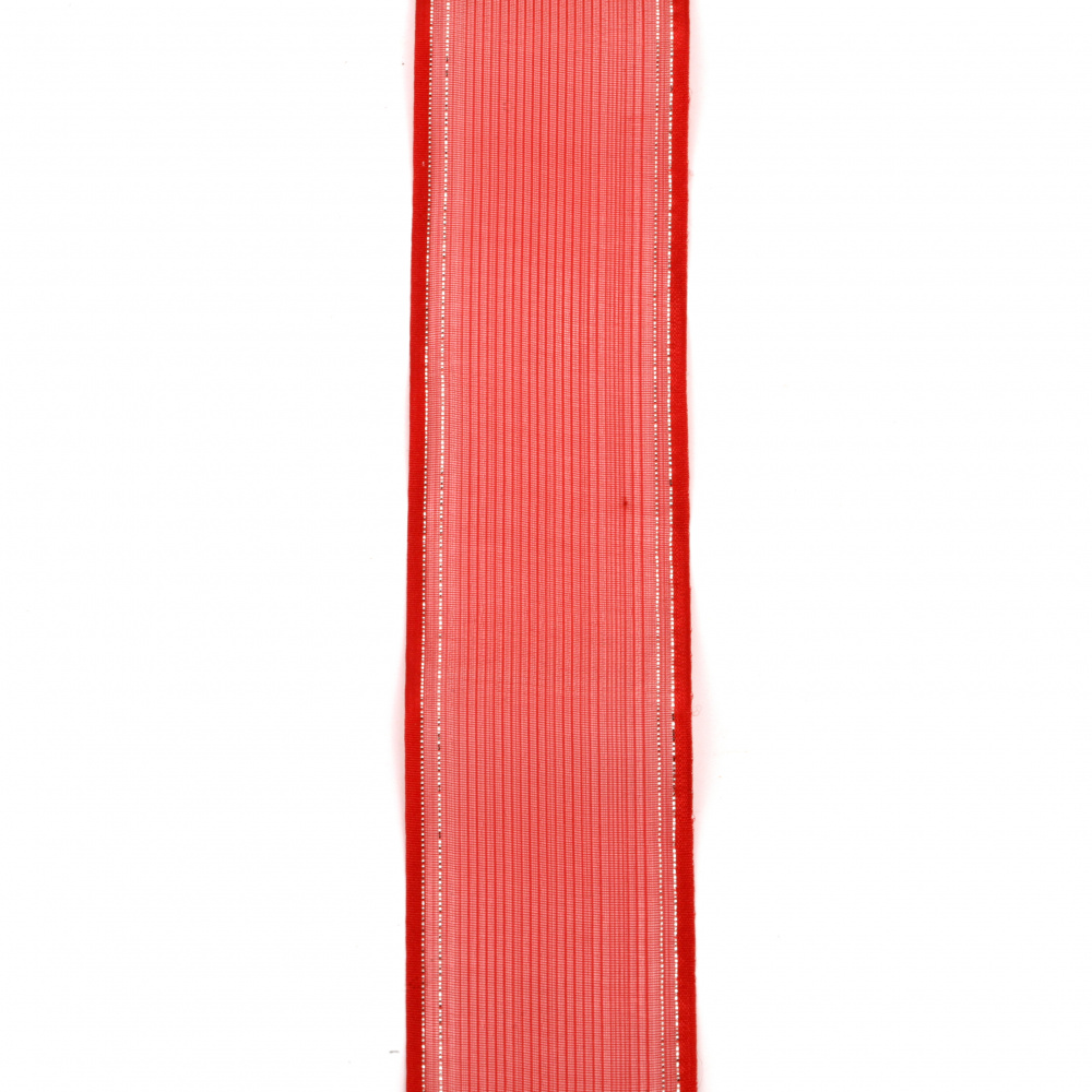 Лента органза 40 мм червена с кант ламе сребро -2 метра