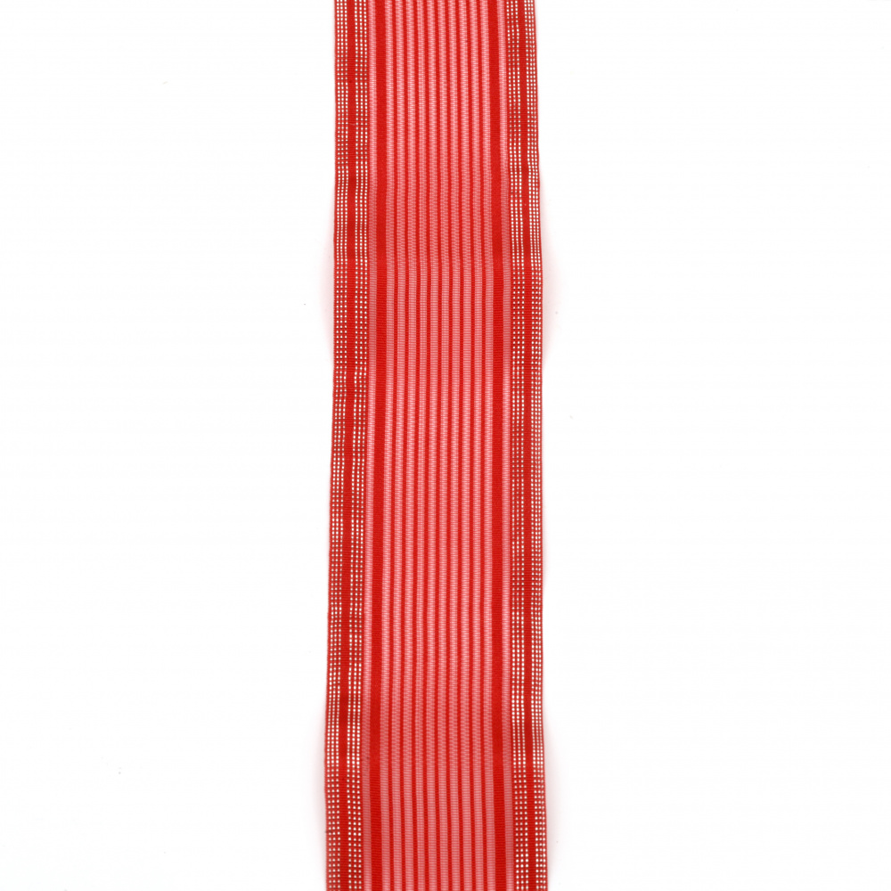 Panglică Organza 40 mm roșu cu lame  argintiu -2 metri