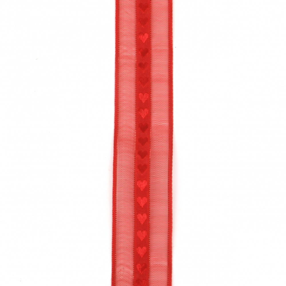 Κορδέλα οργάντζα και σατέν κόκκινο με καρδιές 25 mm -5 μέτρα