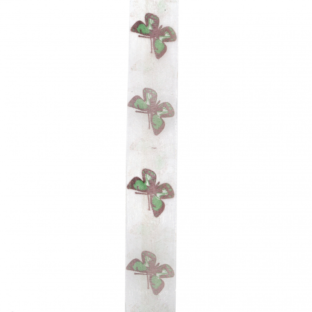 Κορδέλα οργάνζτα 25 mm λευκό με πράσινες πεταλούδες -2 μέτρα