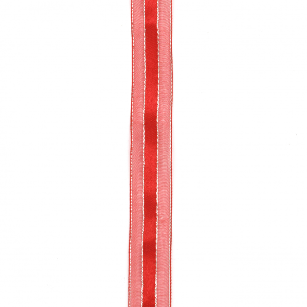 Κορδέλα οργάντζα και σατέν 20 mm κόκκινο με ασημί νήμα -5 μέτρα