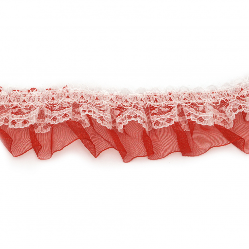 Panglică de organza și dantelă 40 mm alb și roșu -1 metru