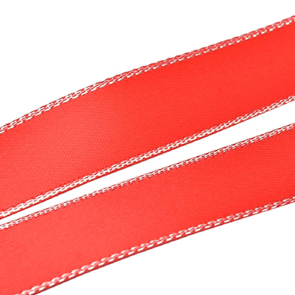 Лента Сатен 6 мм червена светло с ламе сребро -5 метра