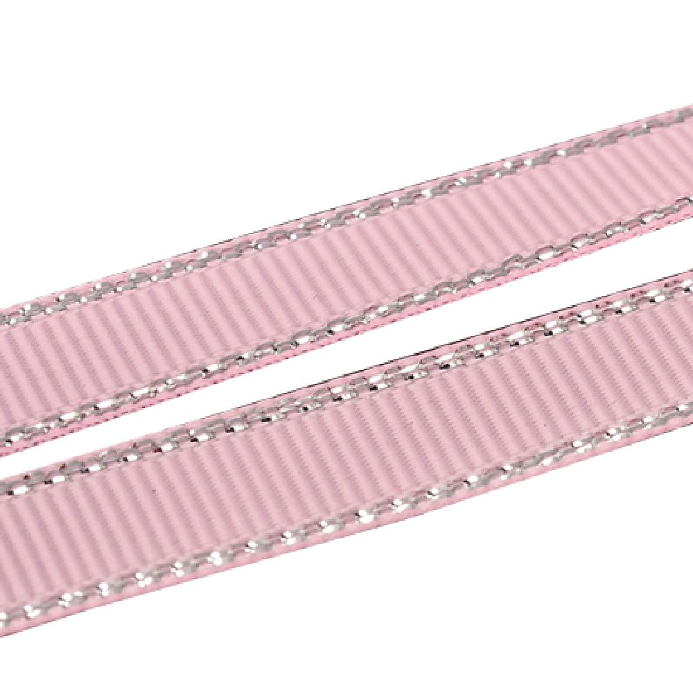 Banda satin 9 mm catifea roz cu argint șchiopătat -5 metri