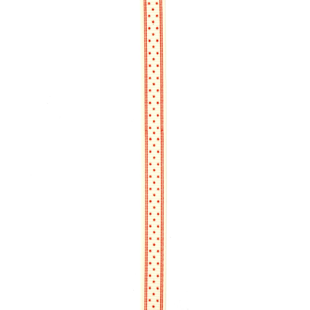 Κορδέλα σατέν γκρο 10 mm  λευκό με κόκκινα αστέρια -5 μέτρα