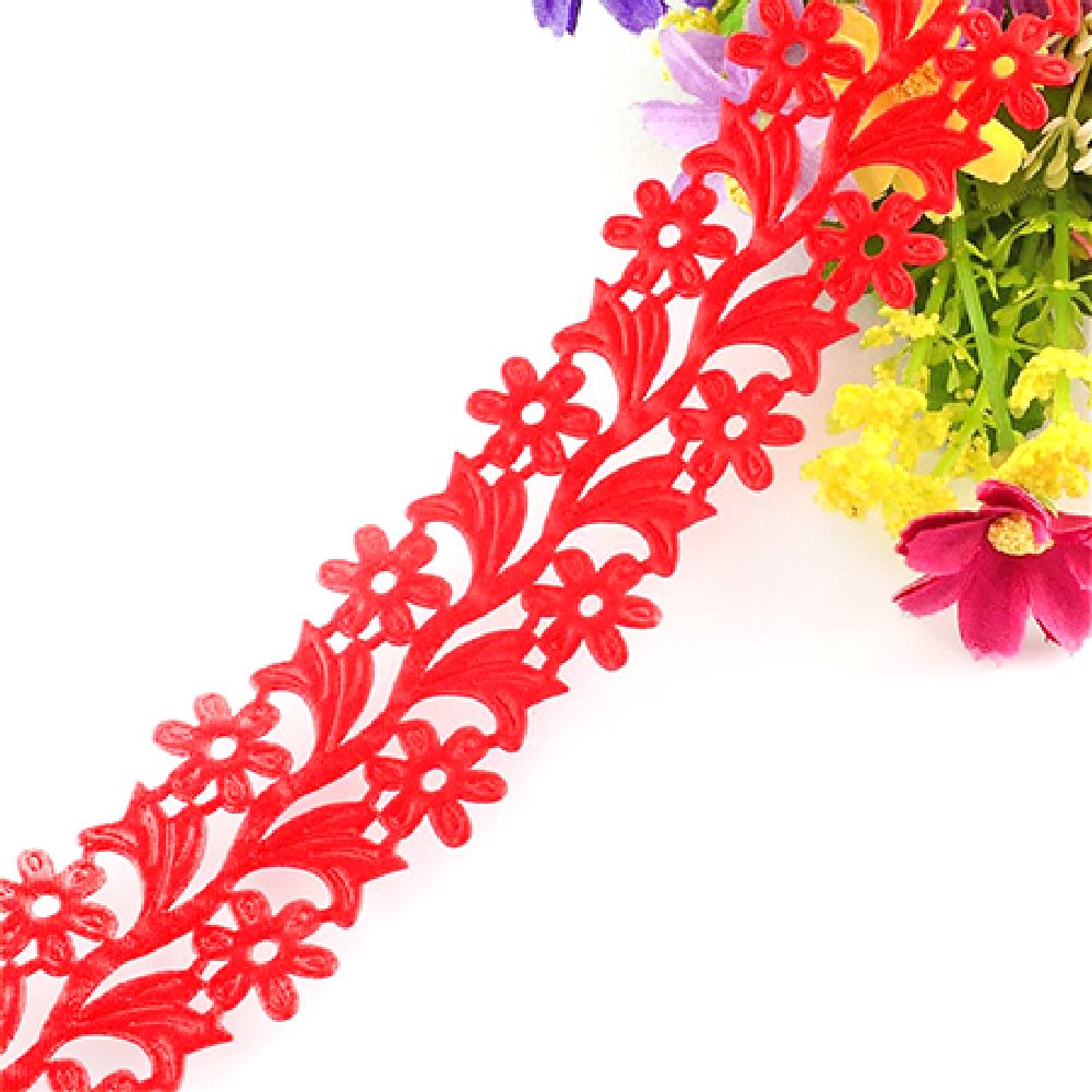 Decorative Satin Ribbon with Cut Flowers for DIY Accessories and Decoration / 30 mm / Red - 2 meters
