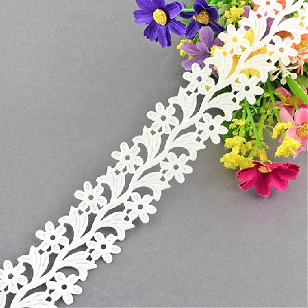 Satin Ribbon with Cut Flowers for Wedding Accessories, Scrapbook, Gift Decoration etc. / 30 mm / White - 2 meters