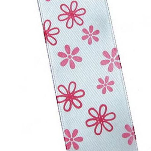 Patterned Satin Ribbon / Flowers  25 mm / White with Pink - 2 meters