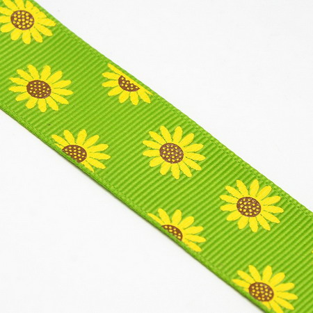 Printed Grosgrain Satin Ribbon / Sunflowers / 9 mm / Green - 5 meters