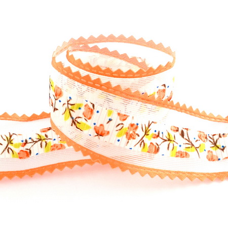 Patterned Decorative Grosgrain Satin Ribbon / Flowers / 24 mm / White with Orange - 18 meters