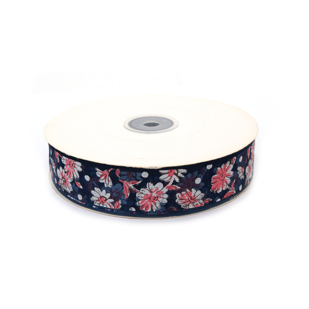 Organza vrpca 25 mm, tamno plava s cvjetnim uzorkom – 3 m