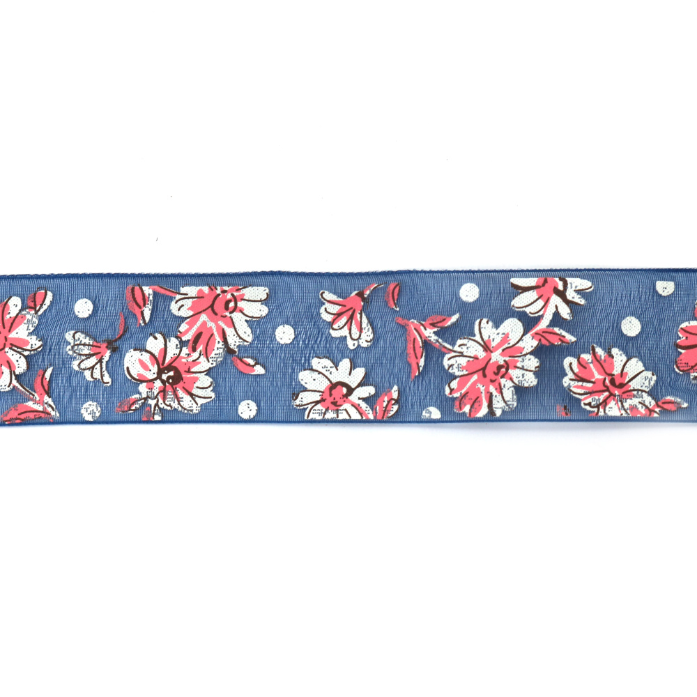 Organza vrpca 25 mm, tamno plava s cvjetnim uzorkom – 3 m