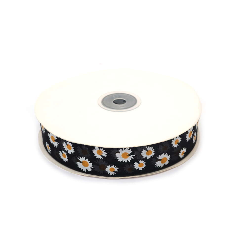 Organza szalag 25 mm, fekete, margaréta mintás – 3 méter
