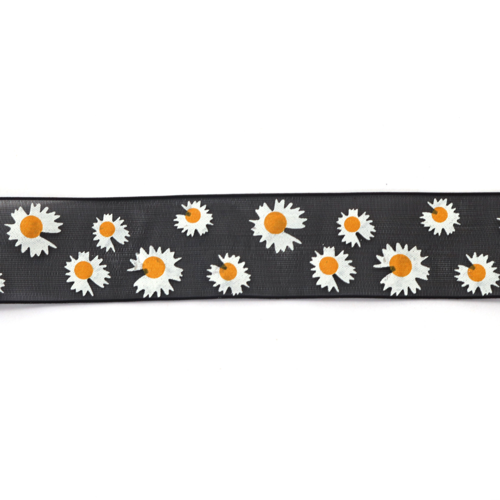 Organza szalag 25 mm, fekete, margaréta mintás – 3 méter