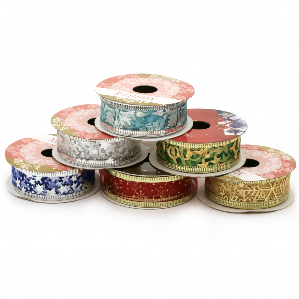 Decorative Christmas  Ribbon, Organza, Wired edge, Assorted patterns 25 mm - 2.5 ~ 2.70 meters