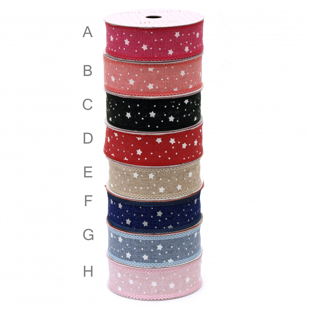 ASSORTED Colors Textile Ribbon with Stars and Glitter Powder / 25 mm ~ 1.85 meters