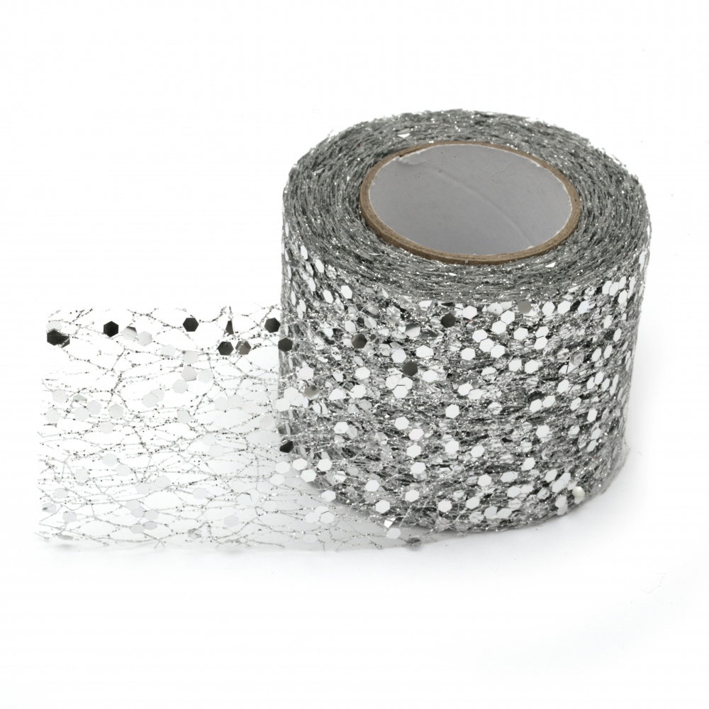 Тюл мек с декоративни елементи 5 см цвят сребро -1 метър 