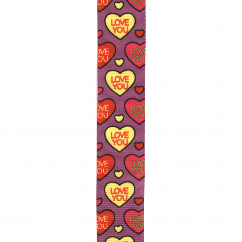 Craft Polyester ribbon 25 mm rips with hearts and inscription LOVE YOU -3 meters