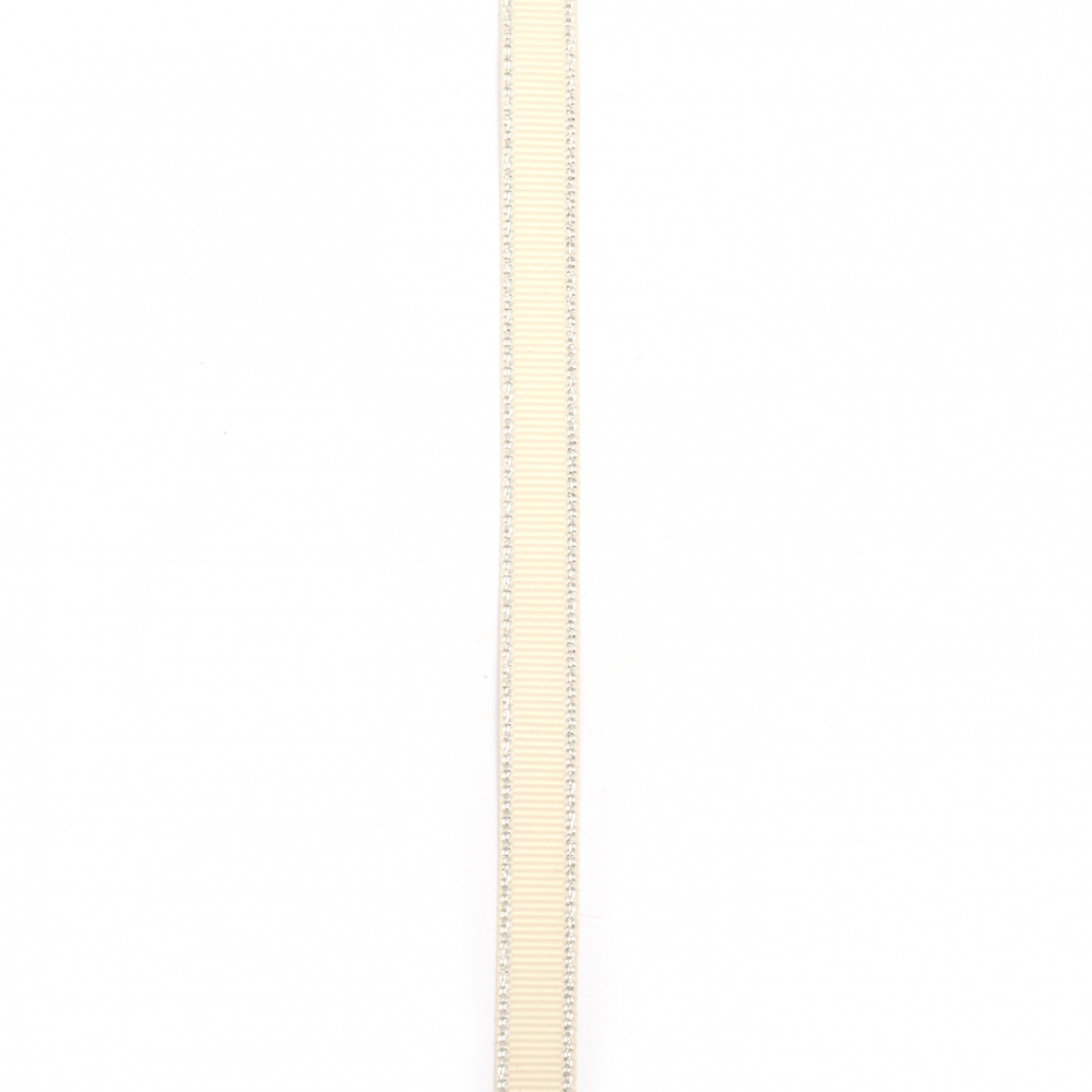 Лента сатен 9 мм рипс екрю с ламе сребро -5 метра