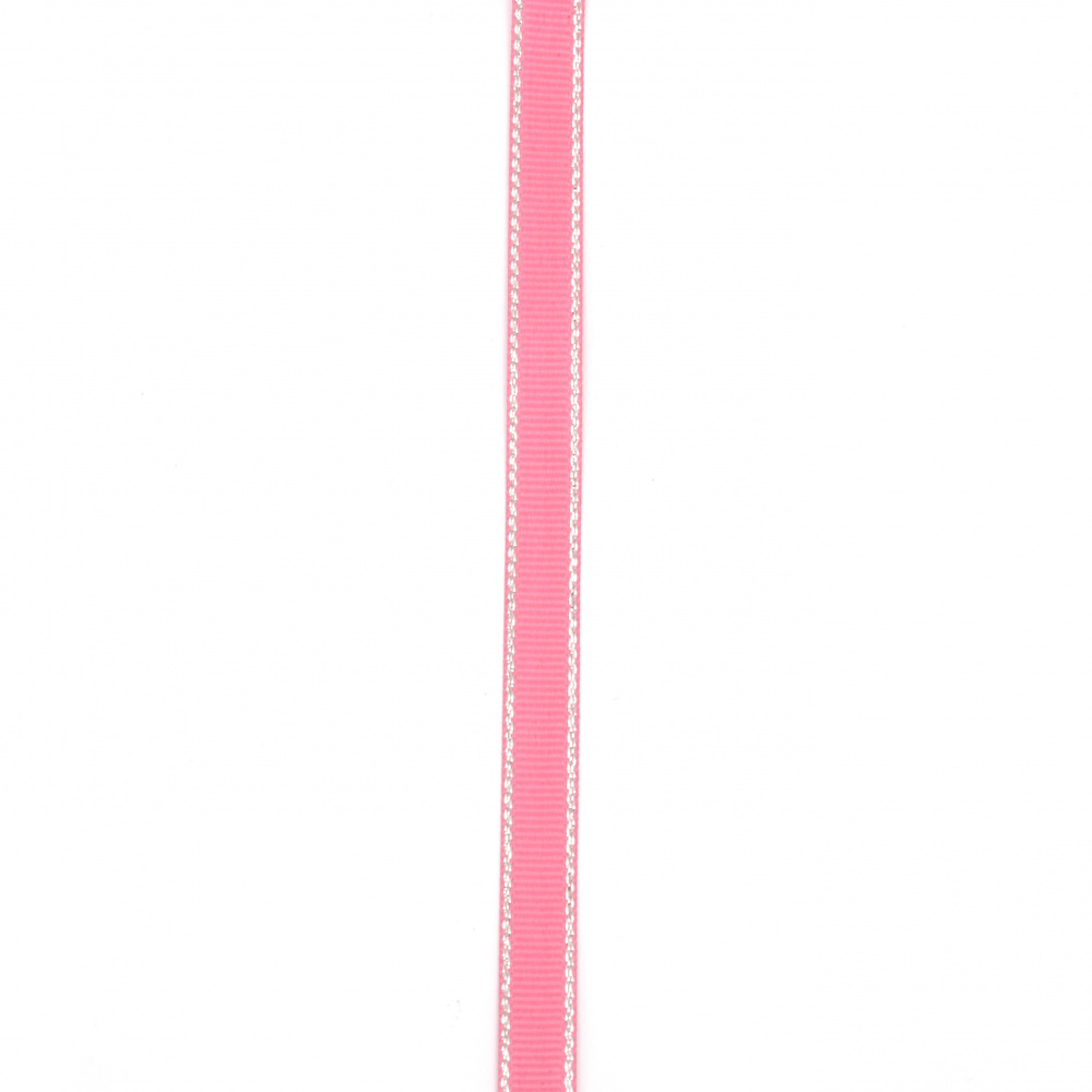 Лента сатен 9 мм рипс розова тъмна с ламе сребро -5 метра