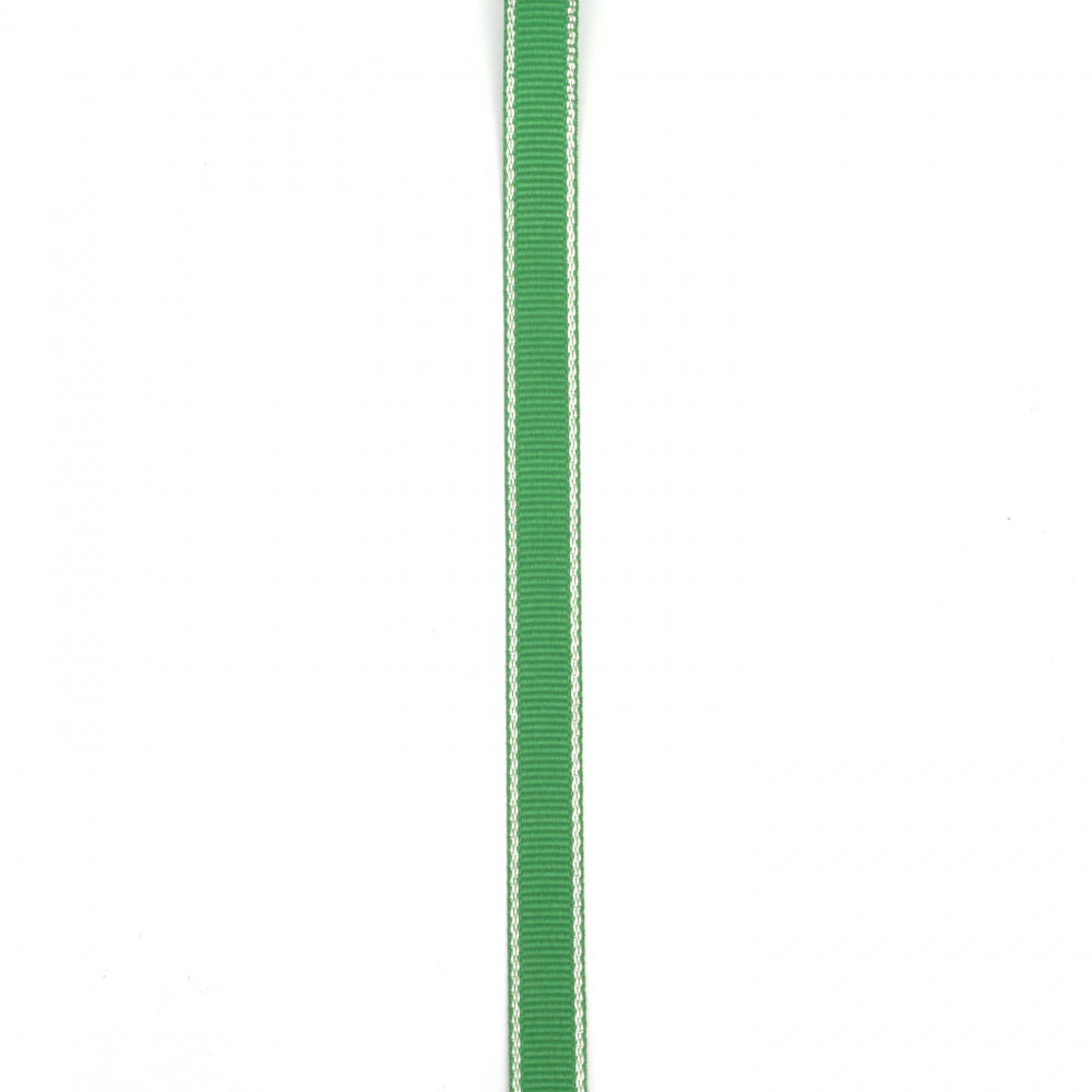Лента сатен 9 мм рипс зелена с ламе сребро -5 метра
