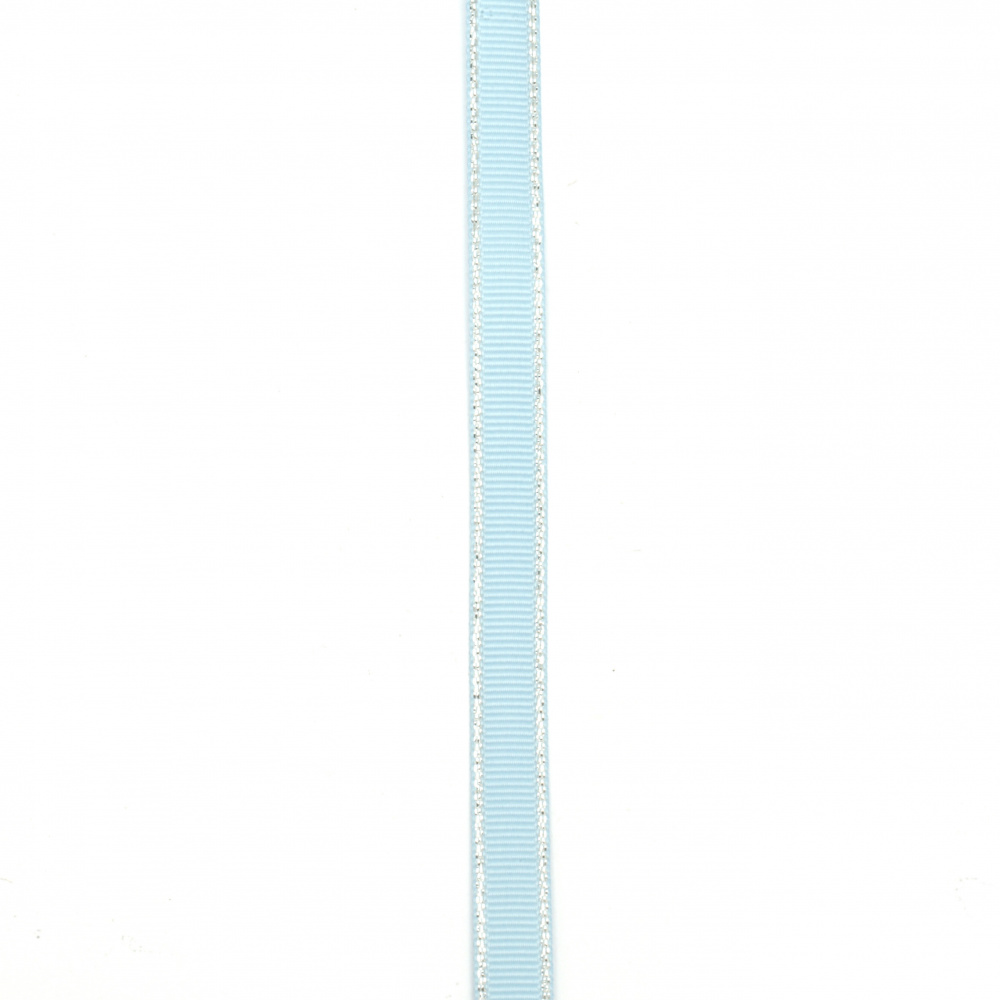 Лента сатен 9 мм рипс синя светла с ламе сребро -5 метра